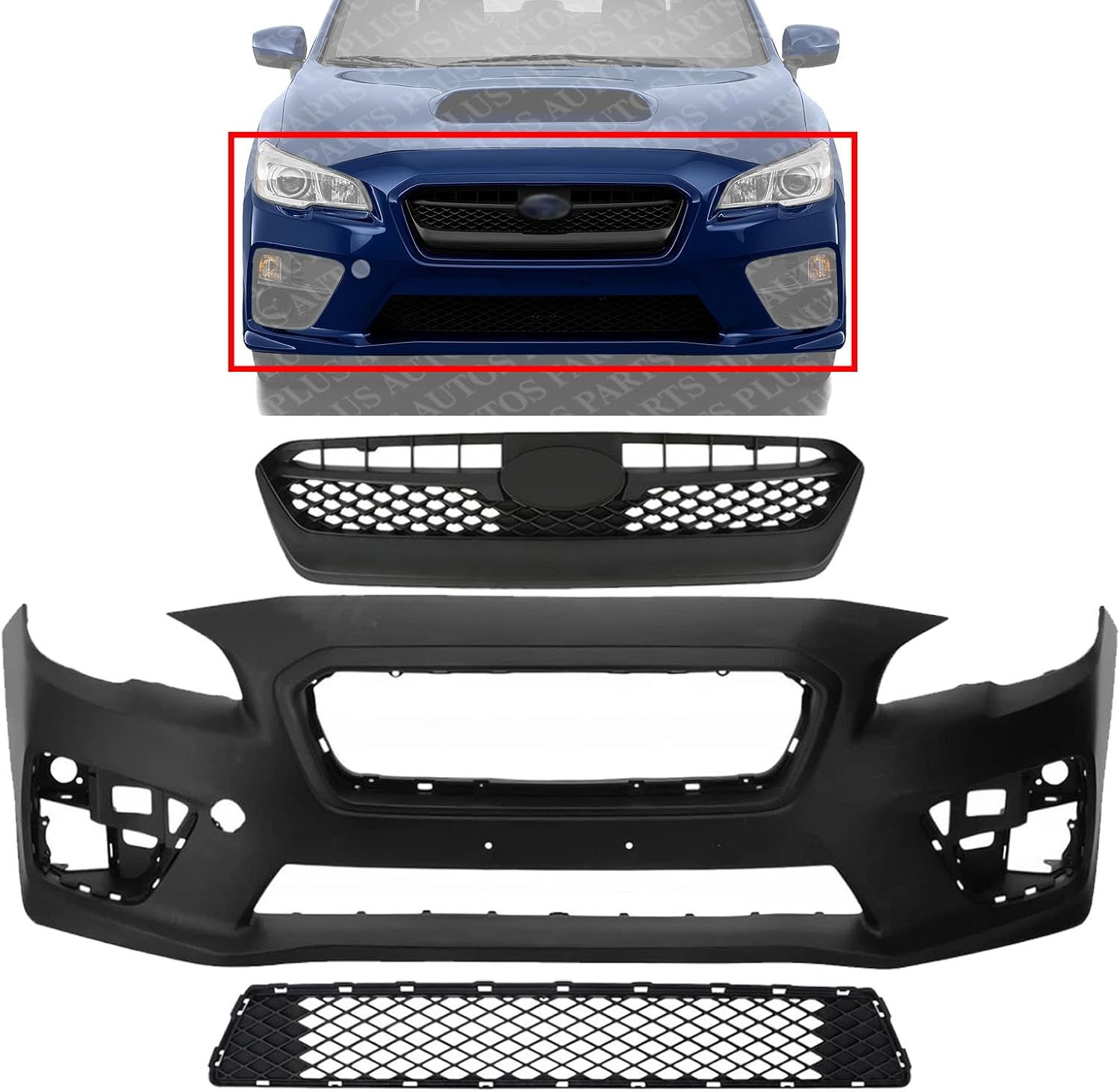 Front Bumper Cover Primed Plastic + Upper & Lower Grille Direct Replacement Compatible With 2015-2017 Subaru WRX