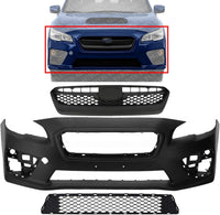 Front Bumper Cover Primed Plastic + Upper & Lower Grille Direct Replacement Compatible With 2015-2017 Subaru WRX