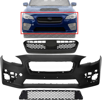Front Bumper Cover Primed Plastic + Upper & Lower Grille Direct Replacement Compatible With 2015-2017 Subaru WRX