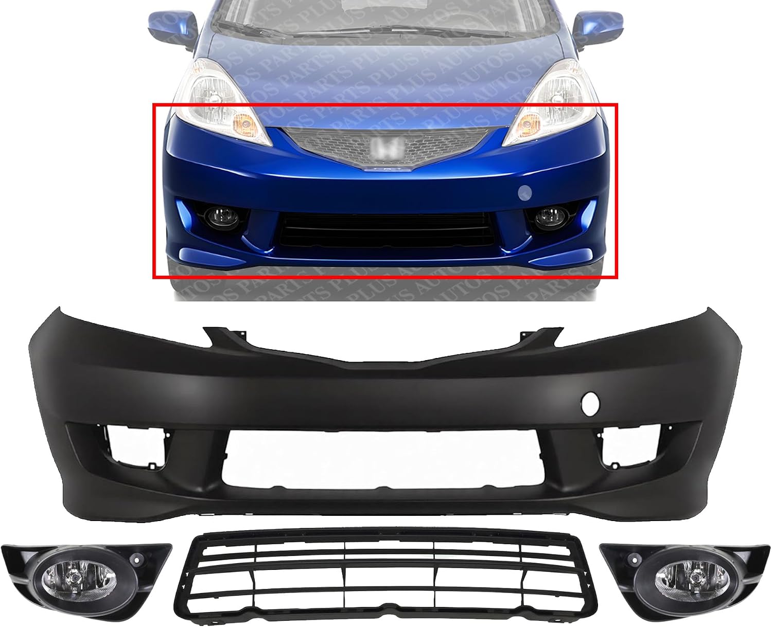 Front Bumper Cover Primed Plastic + Lower Grille Textured + Fog Lights Left Driver & Right Passenger Side Direct Replacement Compatible With 2009-2011 Honda Fit