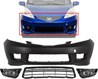 Front Bumper Cover Primed Plastic + Lower Grille Textured + Fog Lights Left Driver & Right Passenger Side Direct Replacement Compatible With 2009-2011 Honda Fit