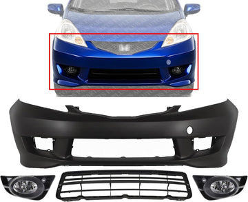 Front Bumper Cover Primed Plastic + Lower Grille Textured + Fog Lights Left Driver & Right Passenger Side Direct Replacement Compatible With 2009-2011 Honda Fit