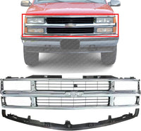 Front Grille Chrome Shell & Black Insert With Dual Beam + Bumper Center Filler Primed Direct Replacement Compatible With Chevrolet C/K Series 1994-2000 GM1200238 GM1087180 12376285