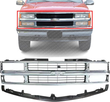 Front Grille Chrome Shell & Black Insert With Dual Beam + Bumper Center Filler Primed Direct Replacement Compatible With Chevrolet C/K Series 1994-2000 GM1200238 GM1087180 12376285