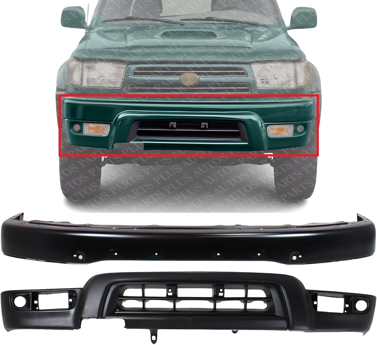 AUTOS PARTS PLUS Front Bumper Face Bar Primed + Lower Valance Panel With Fender Flare Hole Direct Replacement Compatible With 1999-2002 Toyota 4Runner TO1002166 TO1095181 5210135927 5391135912