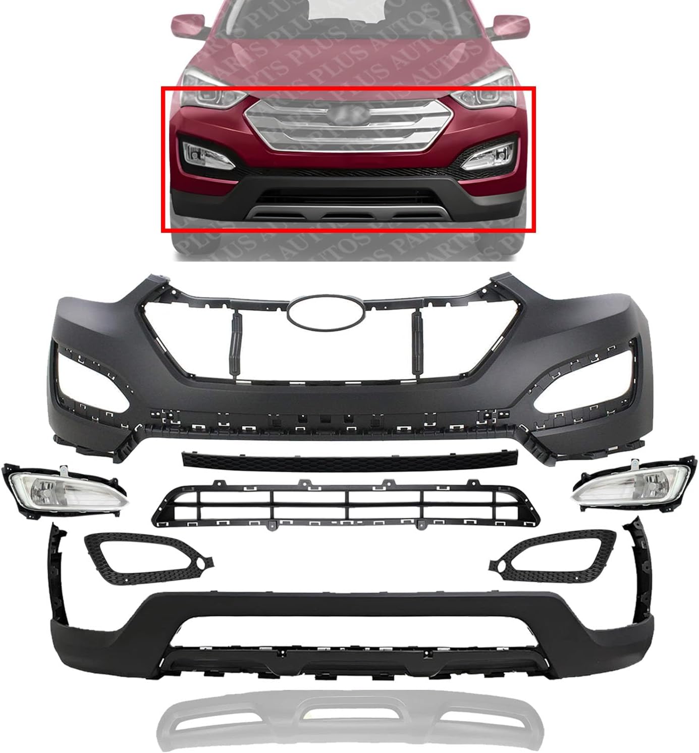 Front Bumper Cover Primed + Valance + Grille + Center Molding + Skid Plate + Fog Lights + Trim Left & Right Side Direct Replacement Compatible With 2013-2016 Hyundai Santa Fe Sport