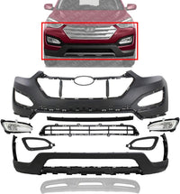 Front Bumper Cover Primed + Valance + Grille + Center Molding + Skid Plate + Fog Lights + Trim Left & Right Side Direct Replacement Compatible With 2013-2016 Hyundai Santa Fe Sport
