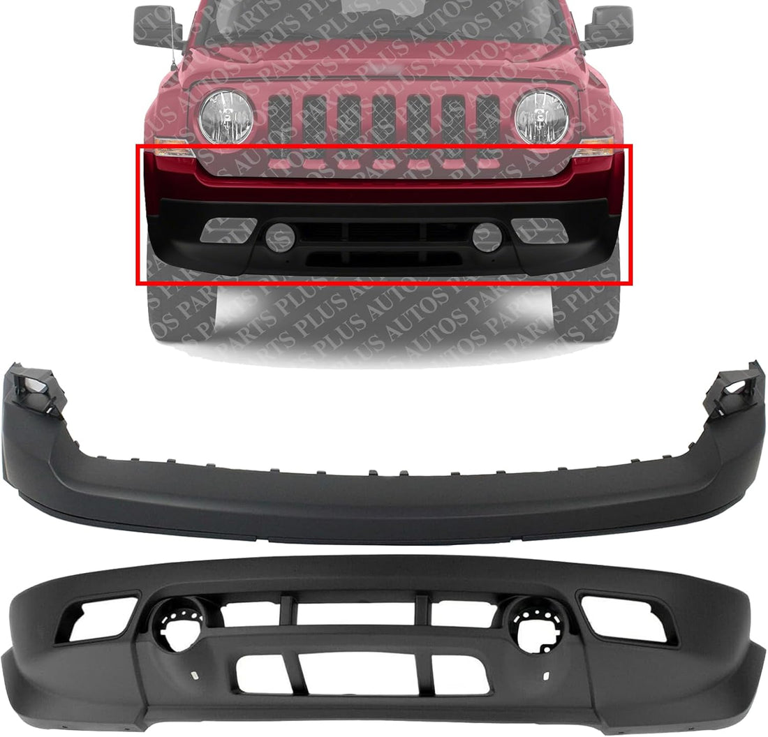 Front Bumper Upper Cover Primed + Lower Valance Textured Direct Replacement Compatible With 2011-2017 Jeep Patriot CH1014103 CH1015110 68091521AA 68091522AA