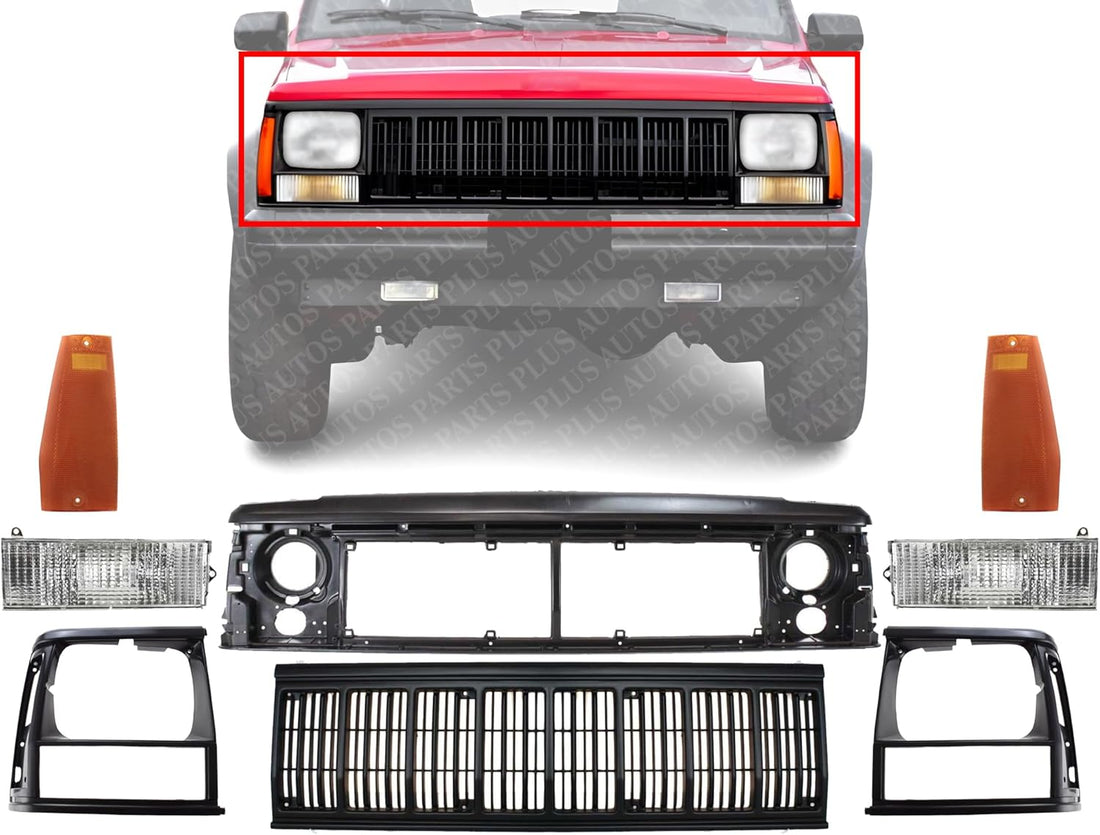 Front Grille Primed Shell And Insert + Header Panel + Headlights + Signal & Marker Lamps Right And Left Side Direct Replacement Compatible With Jeep Cherokee 1991-1996 CH1200176