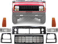 Front Grille Primed Shell And Insert + Header Panel + Headlights + Signal & Marker Lamps Right And Left Side Direct Replacement Compatible With Jeep Cherokee 1991-1996 CH1200176