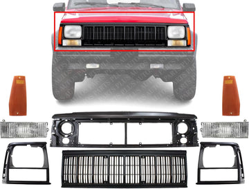 Front Grille Primed Shell And Insert + Header Panel + Headlights + Signal & Marker Lamps Right And Left Side Direct Replacement Compatible With Jeep Cherokee 1991-1996 CH1200176