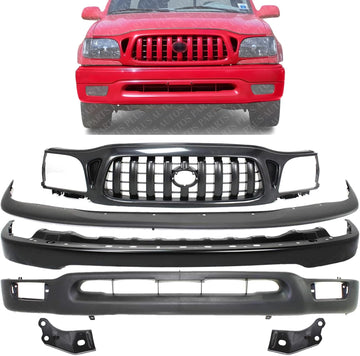 Front Bumper Primed Steel + Grille Assembly + Upper Cover + Lower Valance + Brackets Left & Right Side Direct Replacement Compatible With 2001-2004 Toyota Tacoma 2WD TO1087112