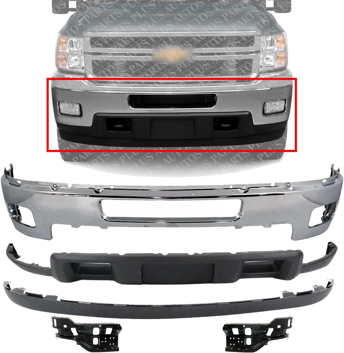 Front Bumper Chrome + Lower Valance Air Deflector + Extension Textured + Impact Brackets LH & RH Side Direct Replacement Compatible With Chevrolet Silverado 2500HD 3500HD 2011-2014