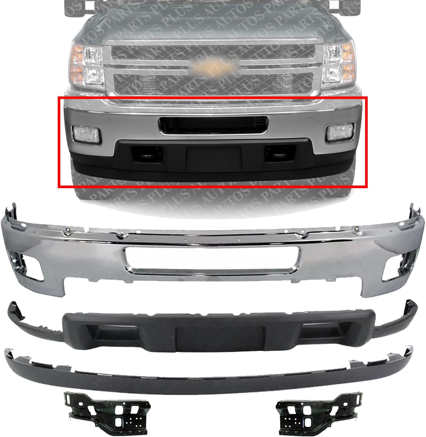 Front Bumper Chrome + Lower Valance Air Deflector + Extension Textured + Impact Brackets LH & RH Side Direct Replacement Compatible With Chevrolet Silverado 2500HD 3500HD 2011-2014