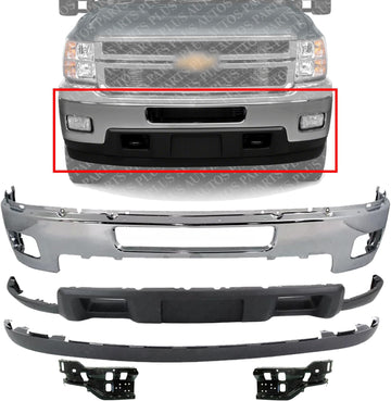 Front Bumper Chrome + Lower Valance Air Deflector + Extension Textured + Impact Brackets LH & RH Side Direct Replacement Compatible With Chevrolet Silverado 2500HD 3500HD 2011-2014