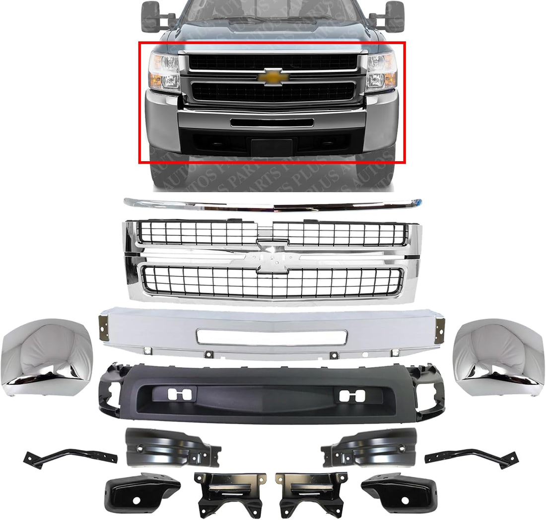 Front Bumper + Grille + Hood Molding + End Caps Chrome + Lower Valance Textured + Brackets Left & Right Side Direct Replacement Compatible with 2007-2010 Chevy Silverado 2500HD 3500HD