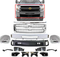 Front Bumper + Grille + Hood Molding + End Caps Chrome + Lower Valance Textured + Brackets Left & Right Side Direct Replacement Compatible with 2007-2010 Chevy Silverado 2500HD 3500HD