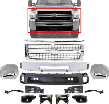 Front Bumper + Grille + Hood Molding + End Caps Chrome + Lower Valance Textured + Brackets Left & Right Side Direct Replacement Compatible with 2007-2010 Chevy Silverado 2500HD 3500HD