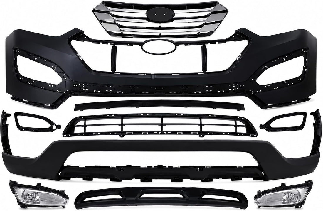 Front Bumper Cover Primed + Valance + Upper & Lower Grille + Molding + Skid Plate + Headlight + Fog Light + Trim Left & Right Side Direct Replacement For 13-16 Hyundai Santa Fe Sport
