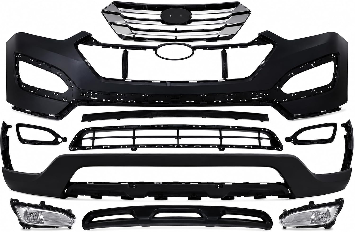 Front Bumper Cover Primed + Valance + Upper & Lower Grille + Molding + Skid Plate + Headlight + Fog Light + Trim Left & Right Side Direct Replacement For 13-16 Hyundai Santa Fe Sport