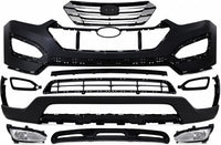 Front Bumper Cover Primed + Valance + Upper & Lower Grille + Molding + Skid Plate + Headlight + Fog Light + Trim Left & Right Side Direct Replacement For 13-16 Hyundai Santa Fe Sport