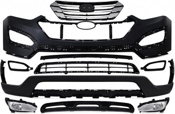 Front Bumper Cover Primed Plastic + Valance + Upper & Lower Grille + Center Molding + Skid Plate + Fog Light + Trim Direct Replacement Compatible With 2013-2016 Hyundai Santa Fe Sport