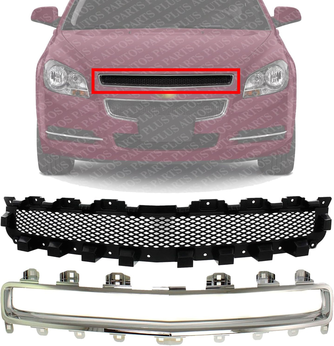 Front Upper Grille Primed Shell And Insert + Molding Chrome Direct Replacement Compatible With 2008-2012 Chevrolet Malibu GM1200601 GM1210114 15823699 15823701