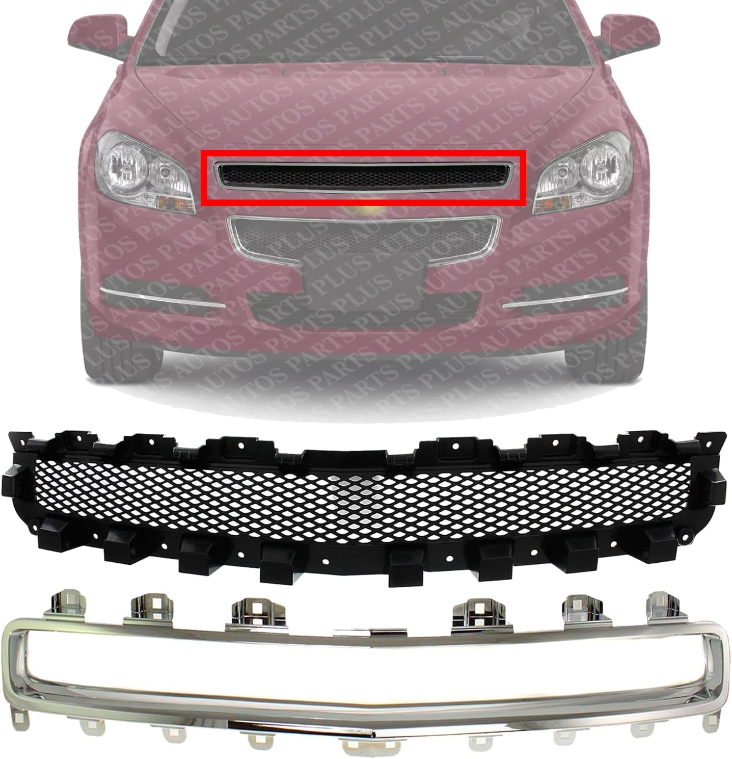 Front Upper Grille Primed Shell And Insert + Molding Chrome Direct Replacement Compatible With 2008-2012 Chevrolet Malibu GM1200601 GM1210114 15823699 15823701