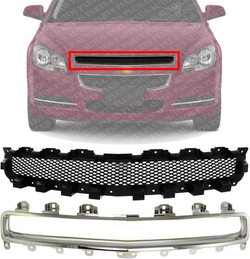 Front Upper Grille Primed Shell And Insert + Molding Chrome Direct Replacement Compatible With 2008-2012 Chevrolet Malibu GM1200601 GM1210114 15823699 15823701