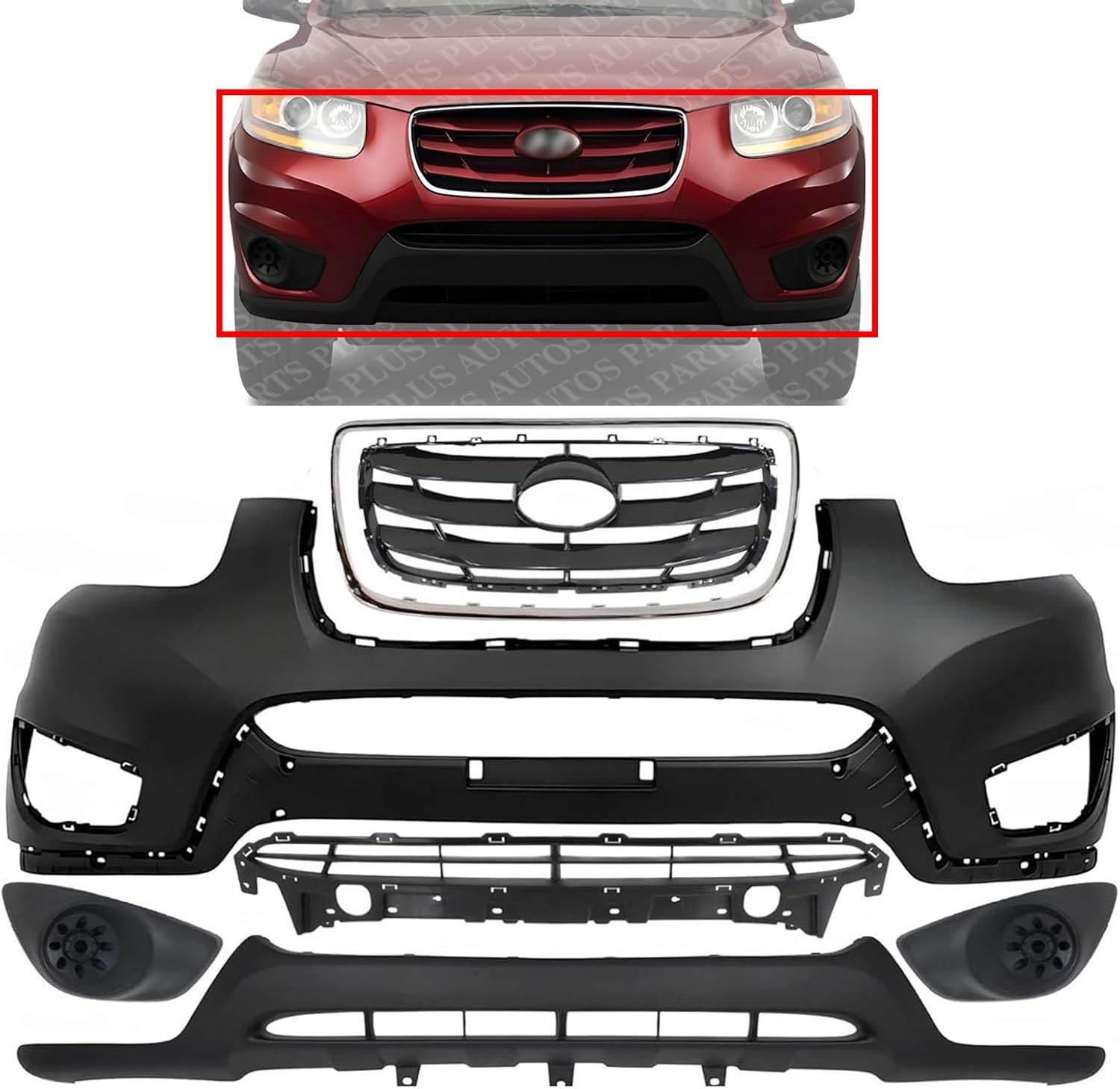 Front Bumper Cover Primed + Valance + Upper & Lower Grille + Molding Chrome + Fog Light Cover Left & Right Side Direct Replacement Compatible With 2010-2012 Hyundai Santa Fe