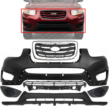 Front Bumper Cover Primed + Valance + Upper & Lower Grille + Molding Chrome + Fog Light Cover Left & Right Side Direct Replacement Compatible With 2010-2012 Hyundai Santa Fe