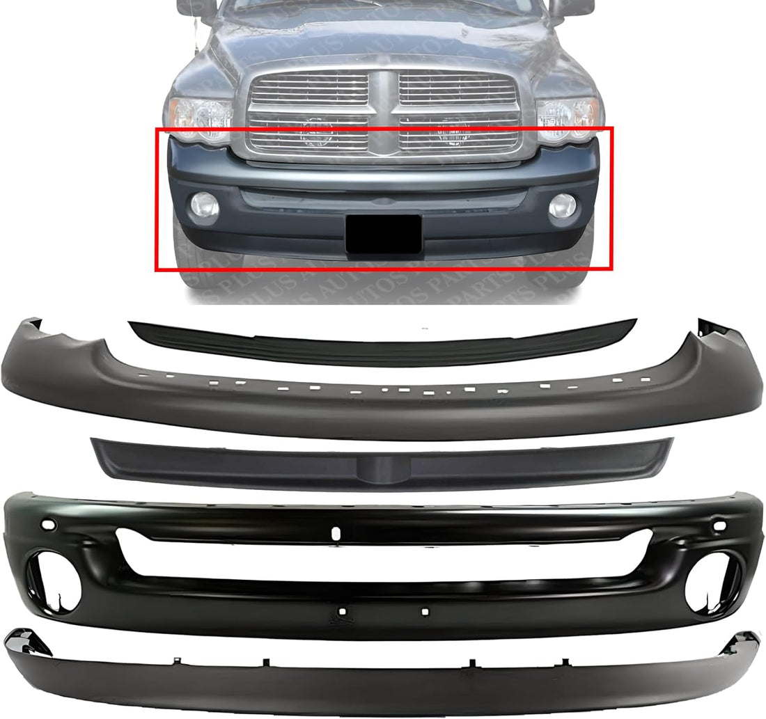 Front Bumper + Upper Cover Primed + Lower Valance Air Dam + Inner Filler + Step Pad Molding Direct Replacement Compatible With 2006-2009 Dodge Ram 1500 2500 3500 CH1014100 CH1002377