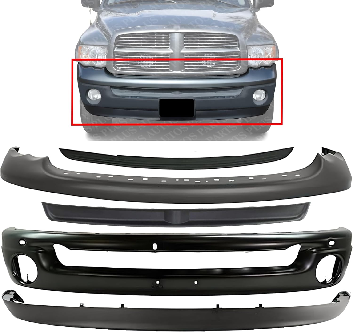 Front Bumper + Upper Cover Primed + Lower Valance Air Dam + Inner Filler + Step Pad Molding Direct Replacement Compatible With 2006-2009 Dodge Ram 1500 2500 3500 CH1014100 CH1002377
