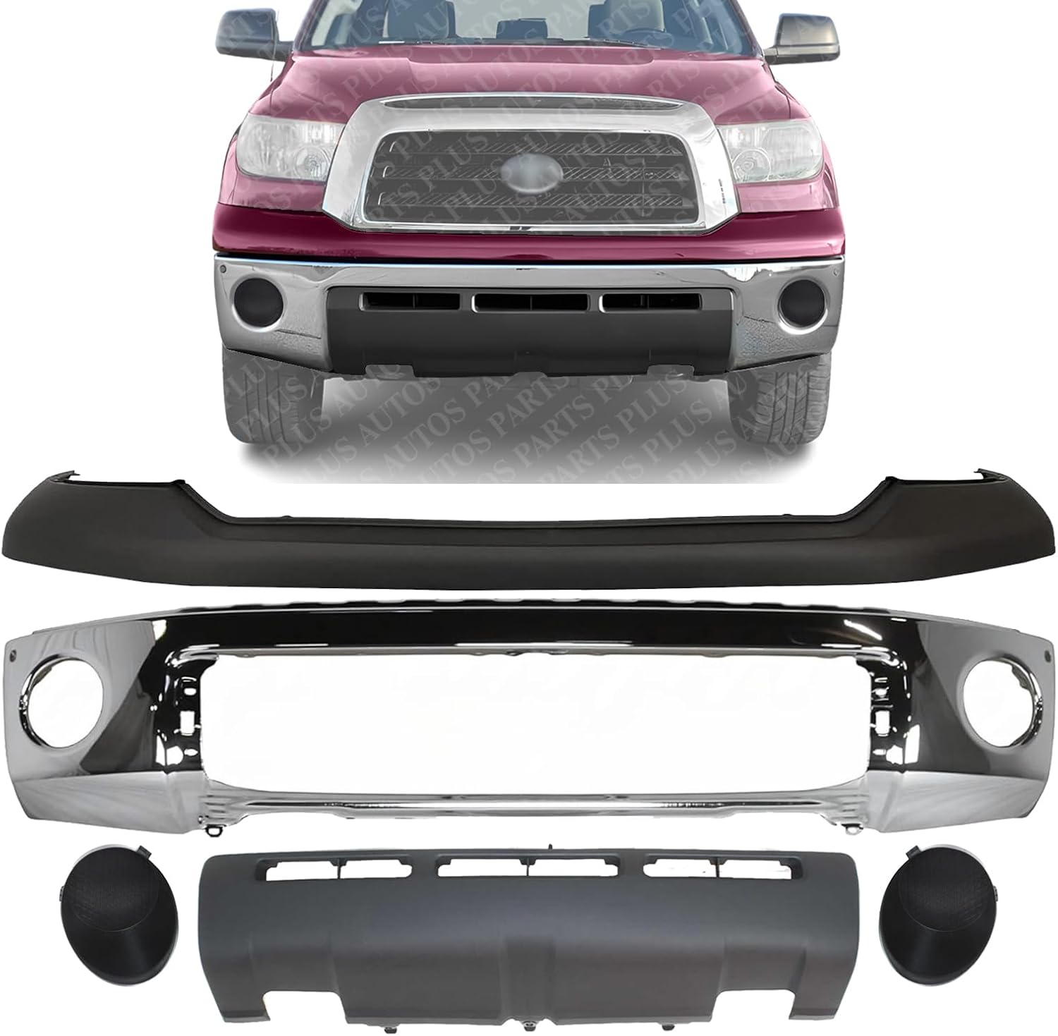 Front Bumper Face Bar Chrome Steel + Upper Cover + Lower Valance Panel + Fog Lamp Covers Left Driver & Right Passenger Side Direct Replacement Compatible With 2007-2009 Toyota Tundra