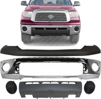 Front Bumper Face Bar Chrome Steel + Upper Cover + Lower Valance Panel + Fog Lamp Covers Left Driver & Right Passenger Side Direct Replacement Compatible With 2007-2009 Toyota Tundra