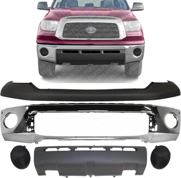 Front Bumper Face Bar Chrome Steel + Upper Cover + Lower Valance Panel + Fog Lamp Covers Left Driver & Right Passenger Side Direct Replacement Compatible With 2007-2009 Toyota Tundra
