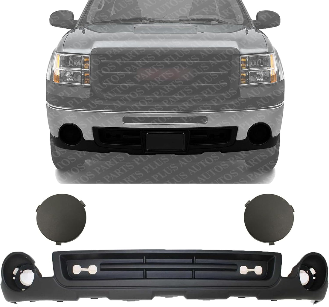 Front Bumper Lower Valance Air Deflector Textured + Fog Lamp Covers Left Driver & Right Passenger Side Direct Replacement Compatible With 2007-2013 GMC Sierra 1500 GM1015100 GM1039105