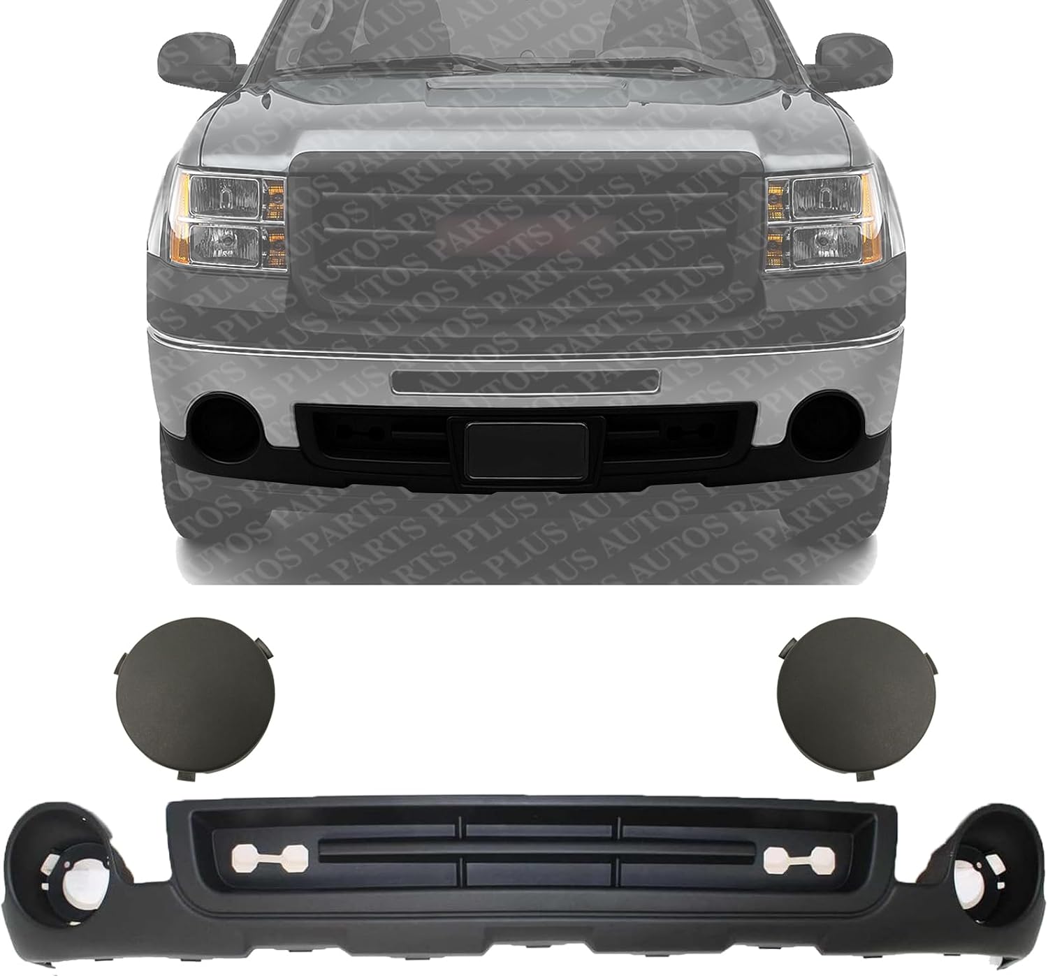 Front Bumper Lower Valance Air Deflector Textured + Fog Lamp Covers Left Driver & Right Passenger Side Direct Replacement Compatible With 2007-2013 GMC Sierra 1500 GM1015100 GM1039105