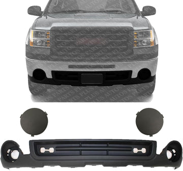 Front Bumper Lower Valance Air Deflector Textured + Fog Lamp Covers Left Driver & Right Passenger Side Direct Replacement Compatible With 2007-2013 GMC Sierra 1500 GM1015100 GM1039105