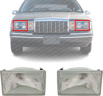 Set Of 2 Front Head Lights Assembly Halogen Plastic Left Driver & Right Passenger Side Direct Replacement Compatible With 1990-1994 Lincoln Town Car FO2503125 FO2502125