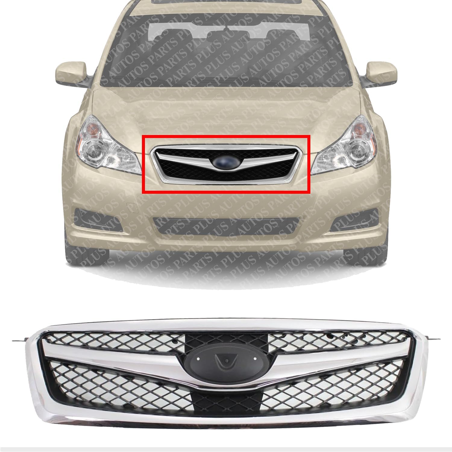 Front Grille Chrome Shell With Black Insert Plastic Direct Replacement Compatible With 2010-2012 Subaru Legacy SU1200142 91121AJ03B