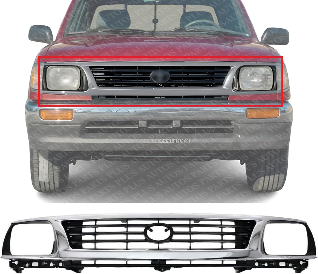 Front Grille Assembly Chrome Shell With Primed Insert Plastic Direct Replacement Compatible With 1995-1996 Toyota Tacoma TO1200193 5310035300