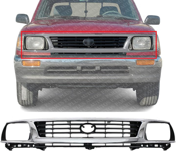 Front Grille Assembly Chrome Shell With Primed Insert Plastic Direct Replacement Compatible With 1995-1996 Toyota Tacoma TO1200193 5310035300