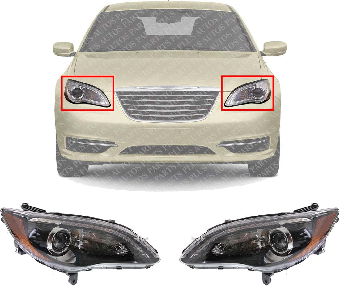 Set Of 2 Front Headlight Assembly Black Interior With Chrome Insert Right Passenger & Left Driver Side Direct Replacement Compatible With 2011-2014 Chrysler 200 68088066AG-PFM