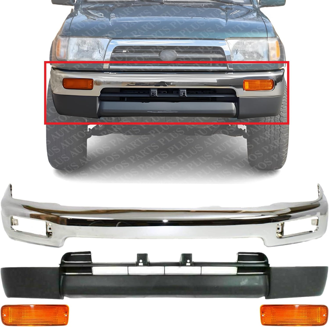 Front Bumper Chrome Steel + Lower Valance Panel Primed + Signal Lights Right Passenger & Left Driver Side Direct Replacement Compatible With Toyota 4Runner 1996-1998 TO1002162