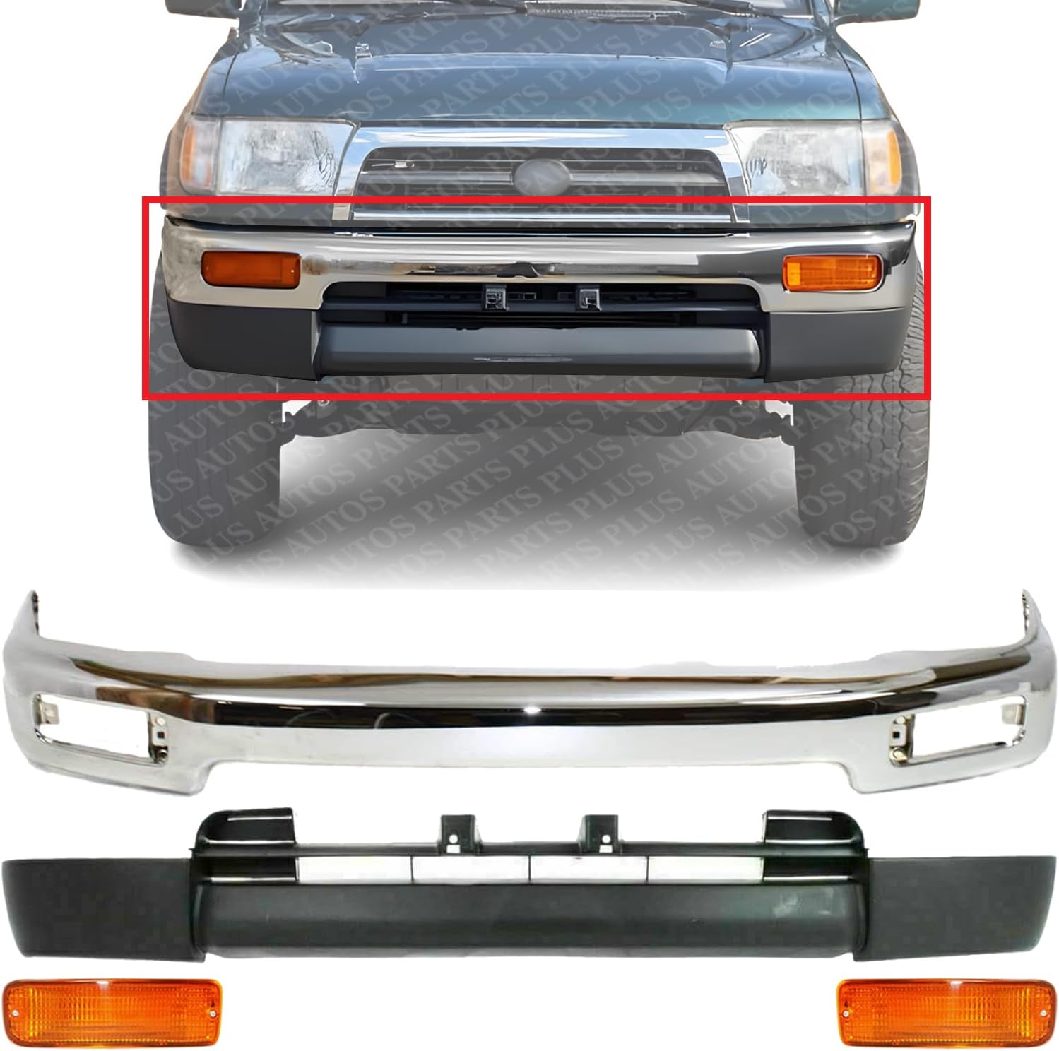 Front Bumper Chrome Steel + Lower Valance Panel Primed + Signal Lights Right Passenger & Left Driver Side Direct Replacement Compatible With Toyota 4Runner 1996-1998 TO1002162