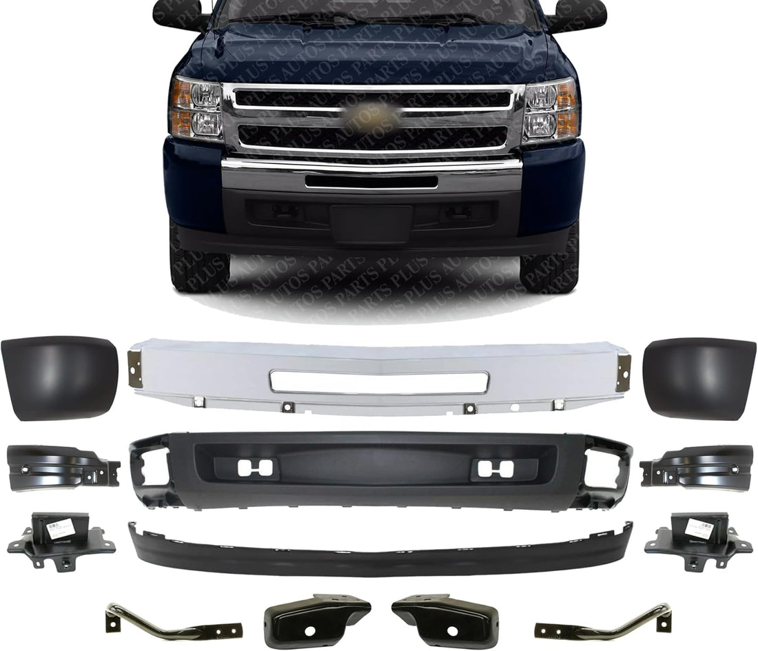 Front Bumper Chrome Steel + Lower Valance + Extension + End Caps + Set Of 8 Brackets Left & Right Side Direct Replacement Compatible With Chevrolet Silverado 1500 2007-2013