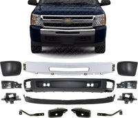 Front Bumper Chrome Steel + Lower Valance + Extension + End Caps + Set Of 8 Brackets Left & Right Side Direct Replacement Compatible With Chevrolet Silverado 1500 2007-2013