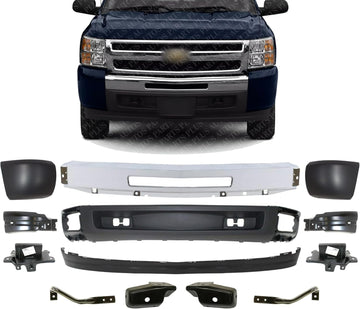 Front Bumper Chrome Steel + Lower Valance + Extension + End Caps + Set Of 8 Brackets Left & Right Side Direct Replacement Compatible With Chevrolet Silverado 1500 2007-2013