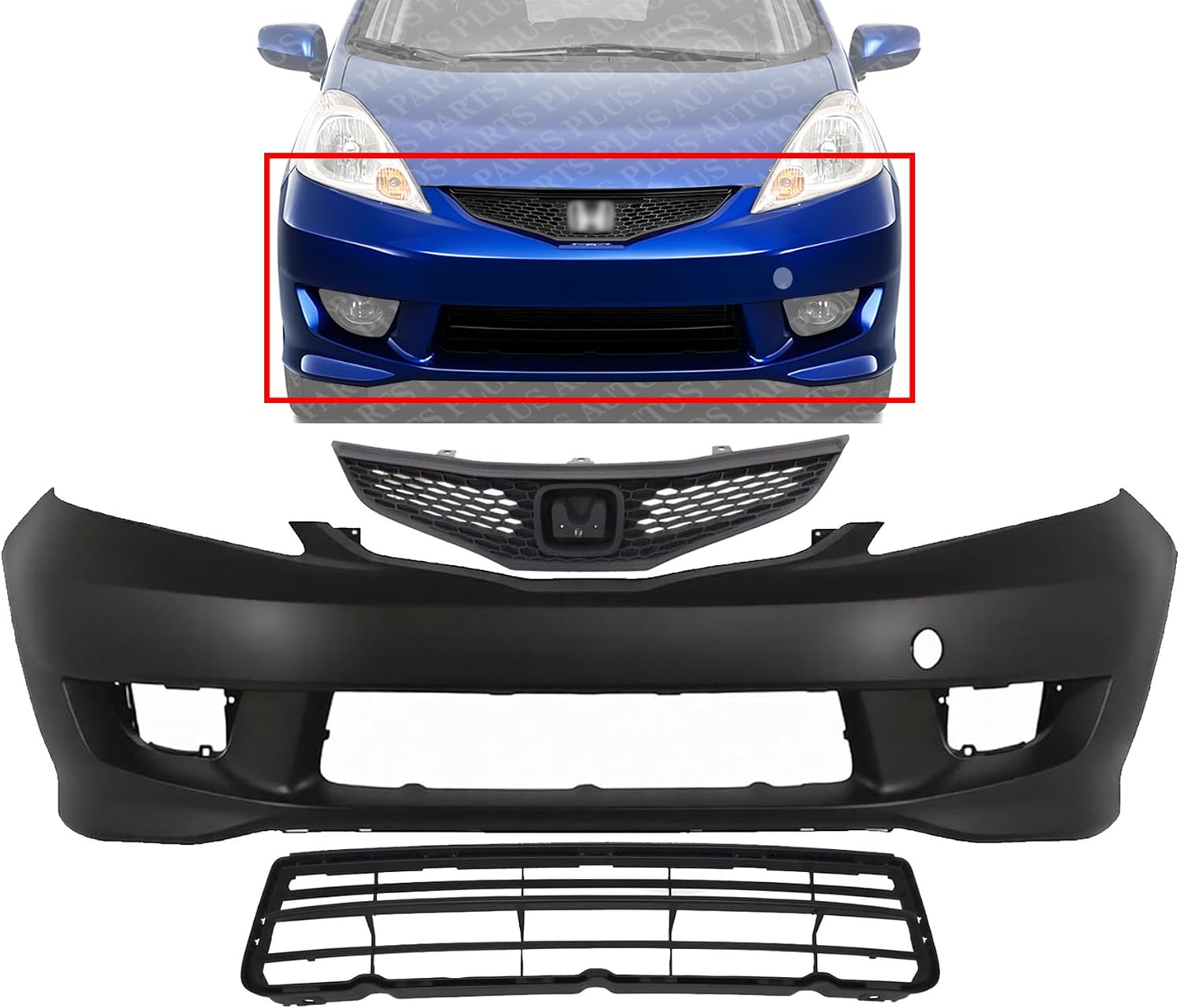 Front Bumper Cover Primed Plastic + Upper & Lower Grille Direct Replacement Compatible With 2009-2011 Honda Fit